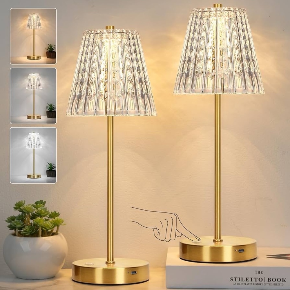Dimmable Vintage Crystal LED Touch Lamps set of 2 Portable Rechargeable Cordless